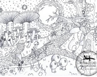 Mushroom Village Colouring Page, Cottagecore Colouring Pages, Fairycore, Mushroom Decor, Mushroom Drawing, Mushroom Gifts, Adult Colouring