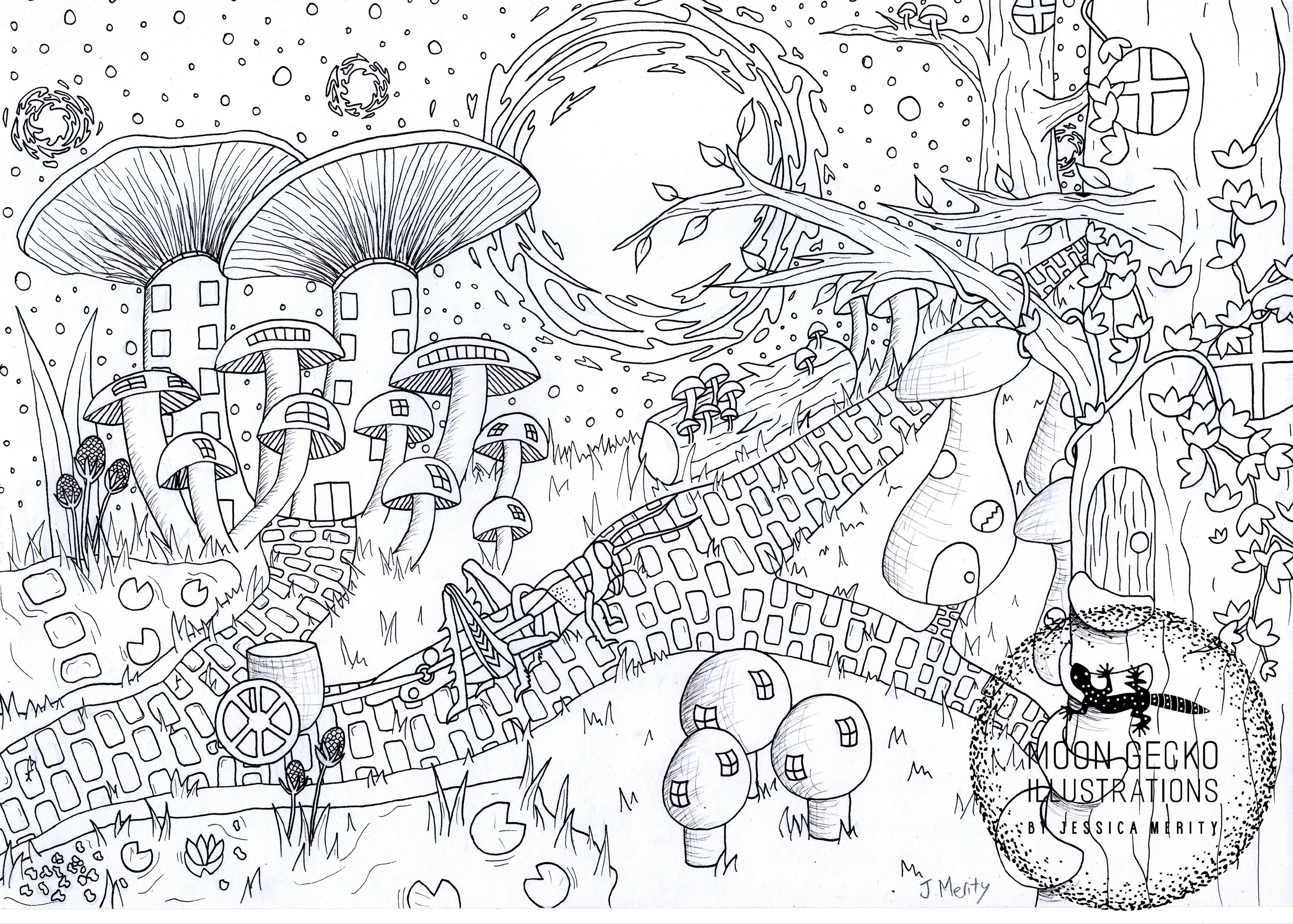 Mushroom Village Colouring Page, Cottagecore Colouring Pages, Fairycore, Mushroom Decor ...