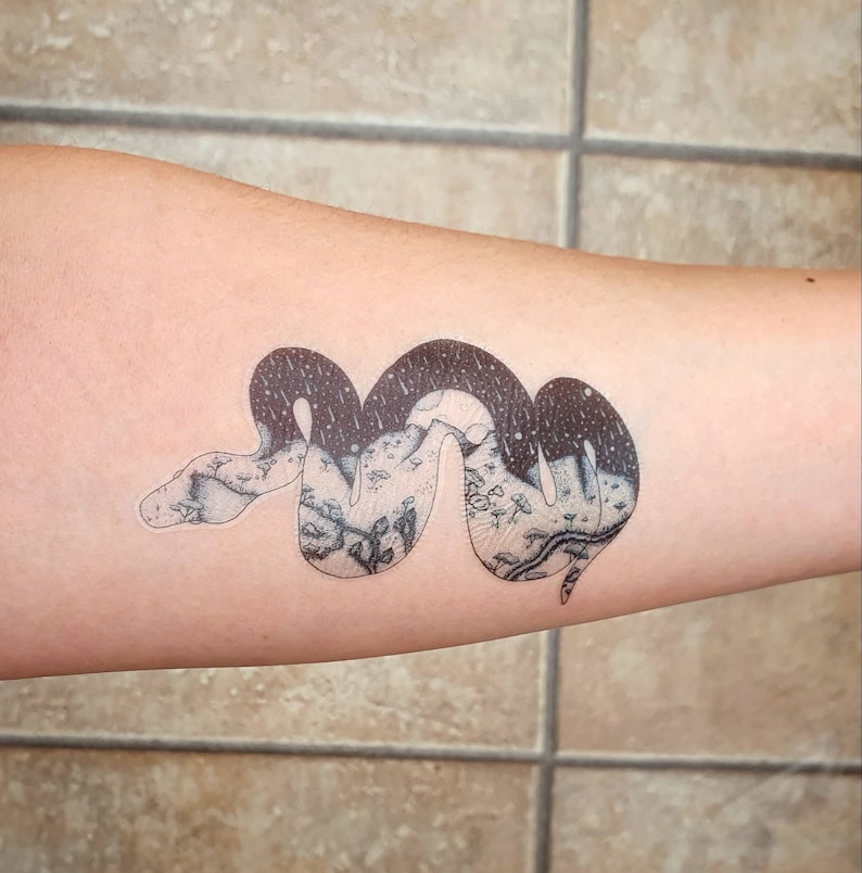 以下が含まれることがあります： 人の腕に巻かれた、黒と白の蛇の仮装タトゥー。蛇の体の中には山脈が描かれている。