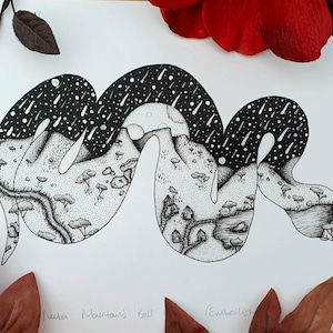 May include: Black and white ink drawing of a snake with a landscape inside its body. The landscape features mountains, trees, a river, and a moon in the sky. The text "Never Mountains Fall" is written below the snake.