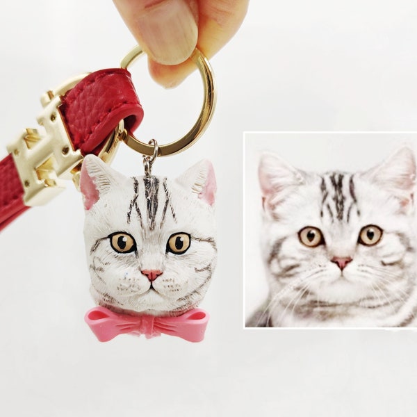 Custom Leather Keychain 3D Portrait Painting Cat Pussy Kitty Dog Pet lover Doll from Photo | Personalized key chain charm figurine gift