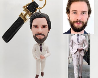Portachiavi in pelle personalizzato Bambola di pittura ritratto 3D da foto / portachiavi personalizzata Figurine Charm Regali per fidanzato Lui Suo padre Compleanno