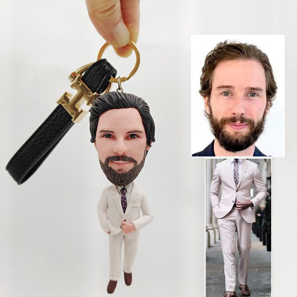 Custom Leather Keychain 3D Portrait Painting Doll from Photo| Personalized Key chain Figurine Charm Gifts for Boyfriend Him Her Dad Birthday