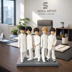 Puede incluir: Cinco figuras de jóvenes con trajes blancos, de pie sobre una base rectangular gris. Las figuras tienen diferentes peinados y tonos de piel. El fondo incluye un escritorio, una computadora y el texto "SEOUL ARTIST TRAINING COMPANY."
