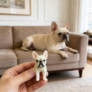 May include: A small, white French Bulldog figurine held in front of a larger, real French Bulldog lying on a brown sofa. The figurine has black markings on its face and is a miniature replica of the dog.