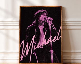 May include: A rectangular framed wall art print featuring a black and pink graphic illustration of a singer performing into a microphone. The name Michael is written in large, stylized pink cursive script across the lower portion of the image.