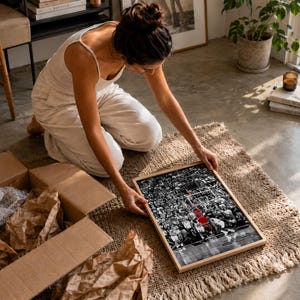 May include: A rectangular framed wall art print featuring a black and white photograph of a crowded basketball arena. The image highlights a single basketball player in a bright red jersey positioned near the hoop, creating a high-contrast focal point.