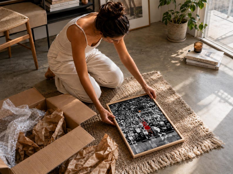 May include: A rectangular framed wall art print featuring a black and white photograph of a crowded basketball arena. The image highlights a single basketball player in a bright red jersey positioned near the hoop, creating a high-contrast focal point.