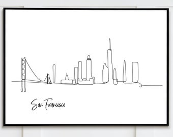 Dessin au trait simple horizon de San Francisco, affiche imprimable d'art de ligne d'art de mur de paysage urbain. Téléchargement numérique