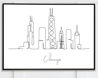 Chicago skyline Cityscape Wall Art, Simple Line Drawing, Line Art Print, Poster, Digital Download
