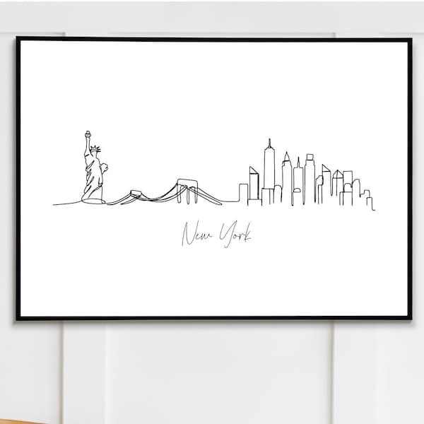 New York City Skyline svg line drawing, Minimalist One Line Drawing Skyline Print for Poster, Modern Line Art Wall Décor Doodle Draw