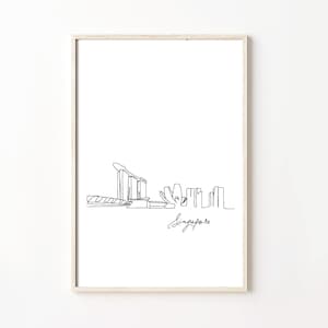 Singapore skyline stadsgezicht minimalistisch één lijntekening, afdrukbare poster wanddecoratie. Digitaal downloadbaar