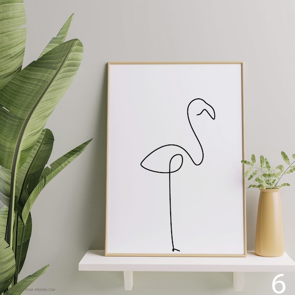 Dessin au trait flamant rose SVG PDF. Dessin au trait flamant minimaliste pour décoration murale oiseau noir et blanc moderne