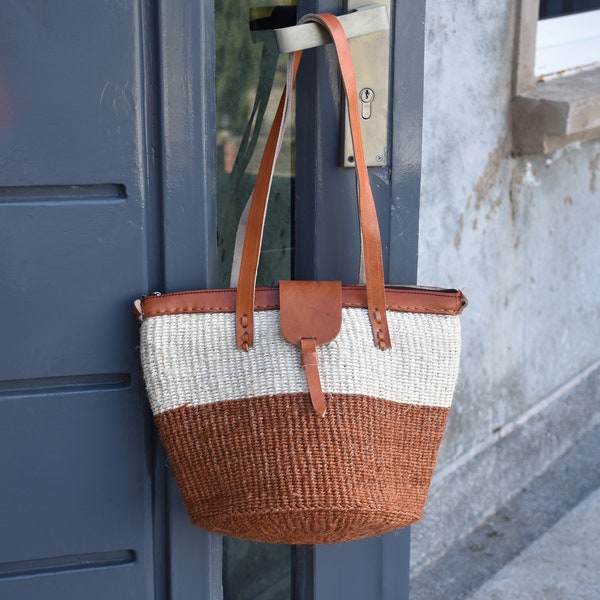 Handwoven Sisal Basket Bag, African Woven Market Bag, Handcrafted SummerBeach Bags, Woven Basket Bag Gifts Leather Shoulder Bag For Women,