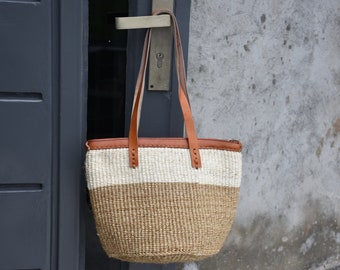 Hand Woven Sisal Bag ,Woven Market Handbag, Handmade Beach Basket Bag, African Purse With Leather Handles, Bohemian Bag Women Gifts For Her