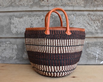 Hand Woven Market Sisal Basket, African Basket Leather Handles, Woven Summer Handbag, African Tribal Bag, Brown Woven Kiondo Bag Gifts