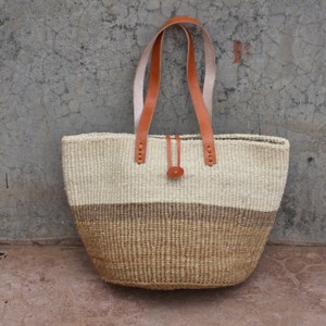 Sisal Woven Basket Bag, African Woven Market Handbag Summer Bag, Kenyan Kiondo Sisal Basket, African Purse With Leather Handles