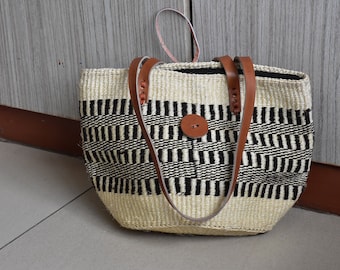 Woven Sisal Basket Bag, African Woven Market Handbag Summer Bag, Kenyan Kiondo Sisal Basket, African Purse With Leather Handles