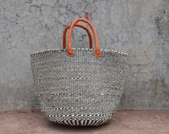 ON SALE African Woven Sisal Basket, HandWoven Market Basket Leather Handles, Summer Boho Beach Basket, African Shopper Bag, Toy Basket Stora