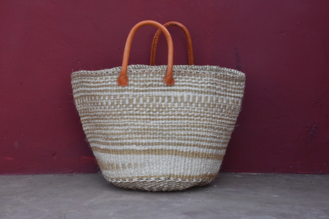 African Woven Sisal Basket Handwoven Market Basket Leather Etsy