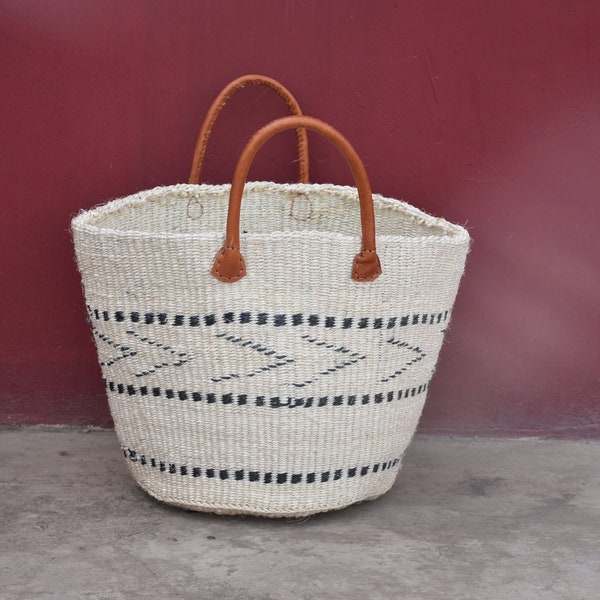 African Woven Sisal Basket, HandWoven Market Basket Leather Handles, Summer Boho Beach Basket, African Shopper Bag, Toy Basket Storage