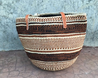 Woven Sisal Basket Bag, African Woven Market Handbag Summer Bag, Kenyan Kiondo Sisal Basket, African Purse With Leather Handles