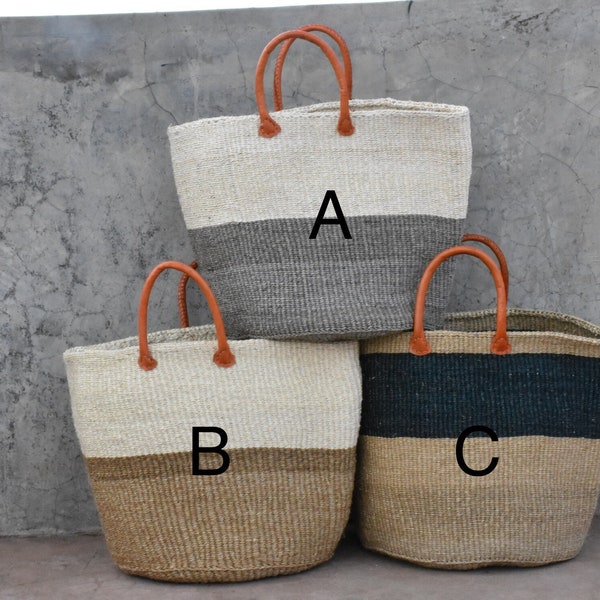 African Woven Sisal Basket, HandWoven Market Basket Leather Handles, Summer Boho Beach Basket, African Shopper Bag, Wholesale Baskets