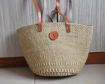 Sisal Woven Basket Bag, African Woven Market Handbag Summer Bag, Kenyan Kiondo Sisal Basket, African Purse With Leather Handles