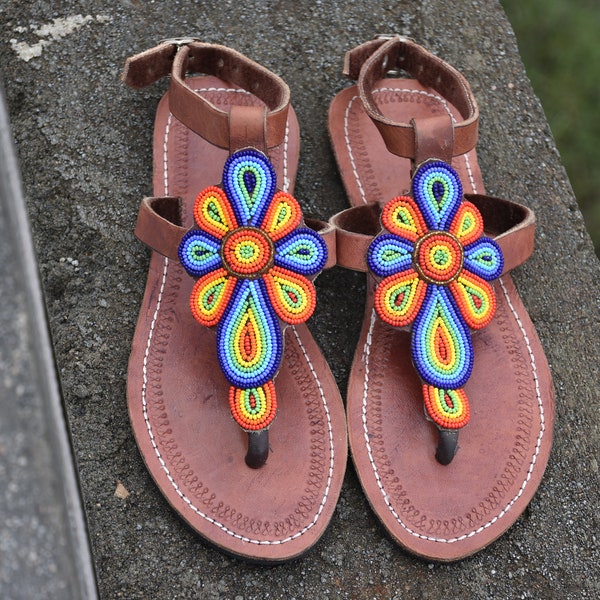 Genuine Leather Sandals For Women, Beaded Leather Summer Sandals, African Beach Sandals, Handmade Maasai Gladiator Sandals, Unique Gifts