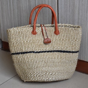 Sisal Woven Basket Bag, African Woven Market Handbag Summer Bag, Kenyan Kiondo Sisal Basket, African Purse With Leather Handles