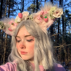Fluffy Pink Strawberry Cosplay Ears (Cat / Cow / Animal) MADE TO ORDER