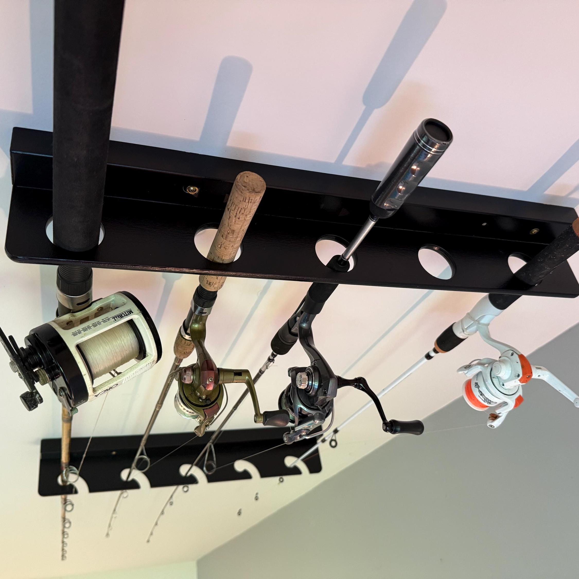 Support De Canne à Pêche Olakee Porte-cannes Pêche Acier Carbonisé - Support 12 Cannes Avec Roulettes Et étagères Rangement Garage Plafond