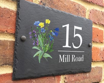 Rustic Floral Bouquet slate house sign farmhouse plaque door number 30x20cm