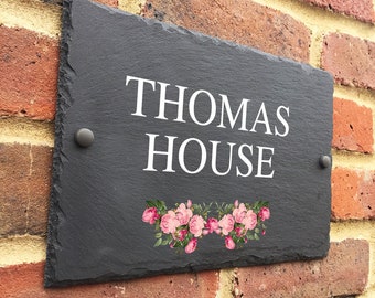 Rustic Peony Slate house sign farmhouse plaque door number 30 x 20cm