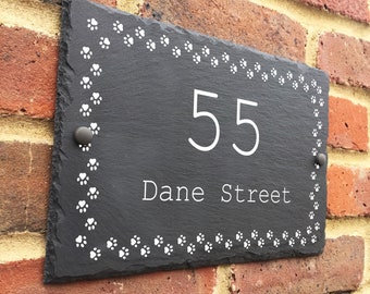 Rustic slate paw print house sign farmhouse plaque door number 30 x 20cm