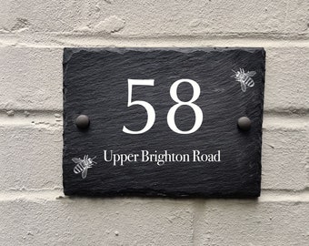 Rustic bees slate house sign farmhouse plaque door number 15 X 20cm