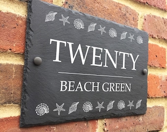 Rustic Sea Shell Slate house sign farmhouse plaque door number