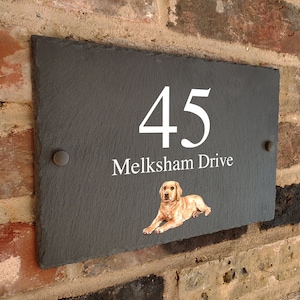 Peut inclure: Une plaque de numéro de maison en ardoise avec le numéro 45 et le nom de la rue Melksham Drive. Un petit chien brun clair est représenté sur la plaque.