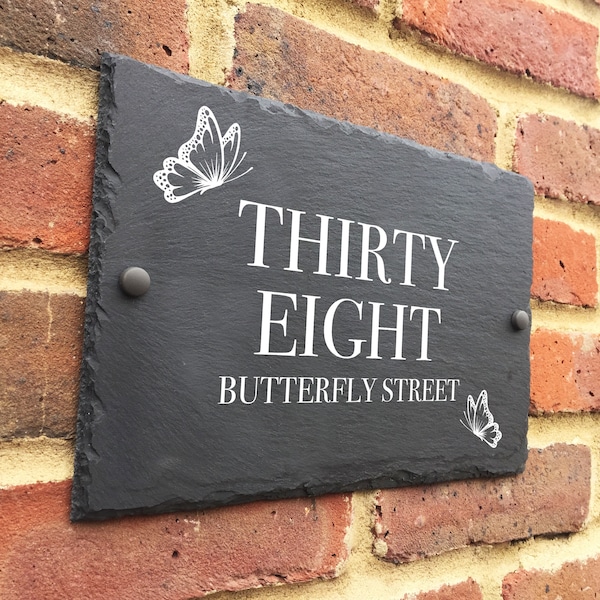 Rustic Butterfly slate house sign farmhouse plaque door number 30 x 20cm