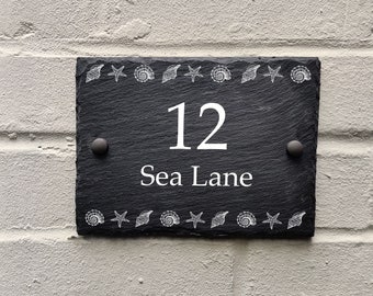 Rustic Sea Shell slate house sign farmhouse plaque door number 15 X 20cm