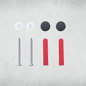 May include: A set of two white plastic wall anchors, two black plastic wall anchors, two red plastic wall anchors, and two silver screws.