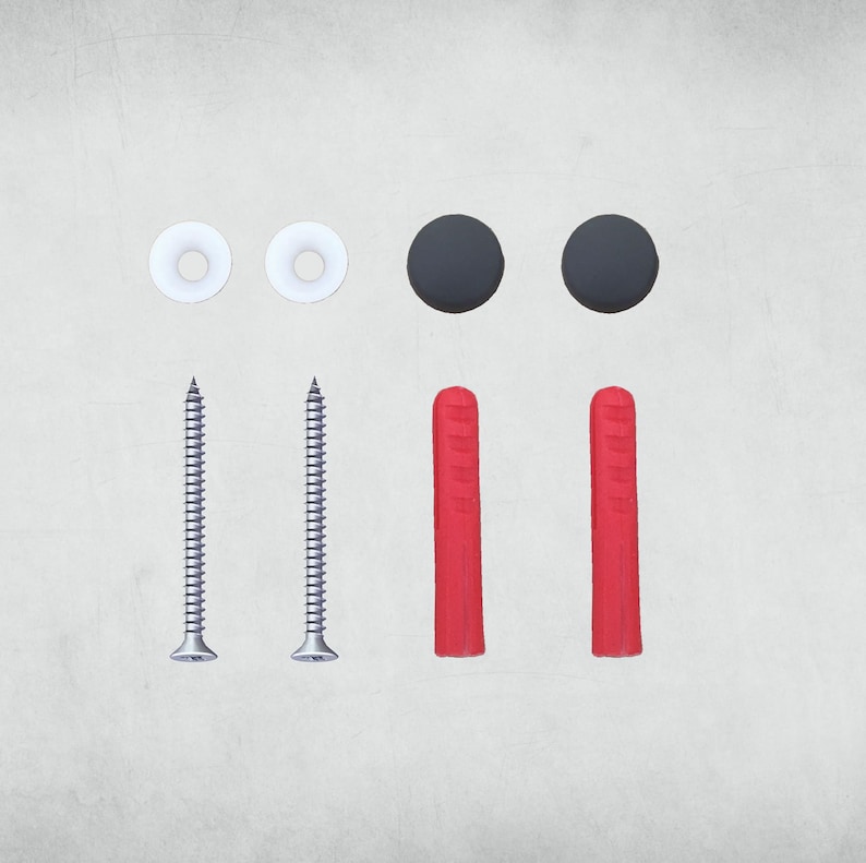 May include: A set of two white plastic wall anchors, two black plastic wall anchors, two red plastic wall anchors, and two silver screws.