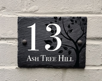 Rustic Tree silohette slate house sign farmhouse plaque door number 150mm x 200mm