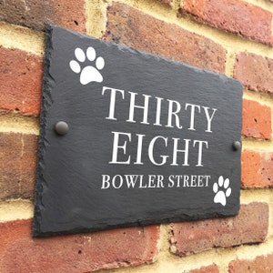 Rustic paw print slate house sign farmhouse plaque door number 30 x 20cm