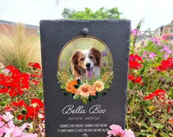 Personalised Pet Memorial Garden Rustic Slate Plaque With Photograph & Message On Wooden Post