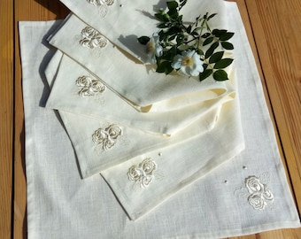 Embroidered Rose Linen Napkins, Set of 6, Wedding Gift