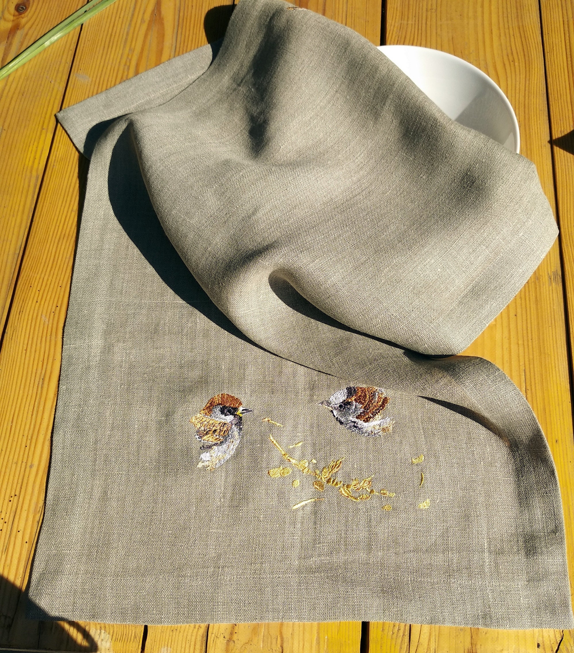 Embroidered Linen Towel: Vintage Sparrow Design, Anniversary Gift