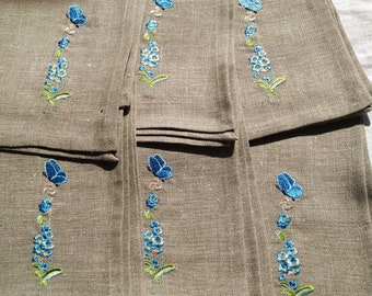 Embroidered Linen Napkin Set, Forget-Me-Not & Butterfly, Easter Gift