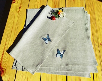 Linen Napkin Set with Embroidered Butterfly, Vintage Gift