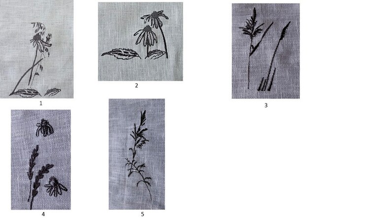 May include: Five embroidered designs on a light gray linen fabric. The designs include a daisy, leaves, and grass.